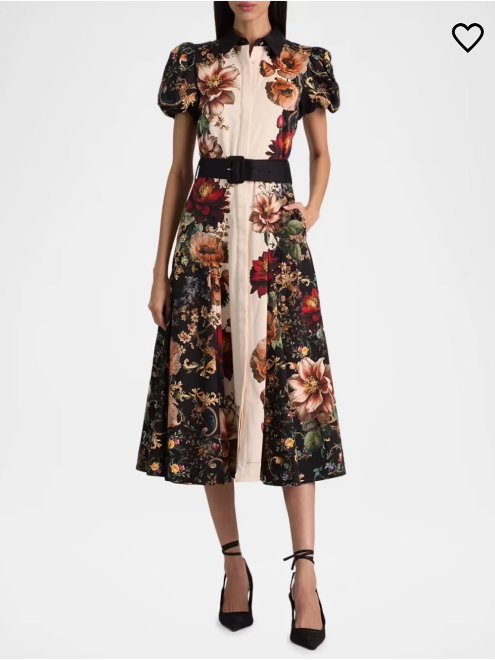 Alice + Olivia Black & Cream Floral Radiance Midi Dress with Puff Sleeves - Picture 2 of 3